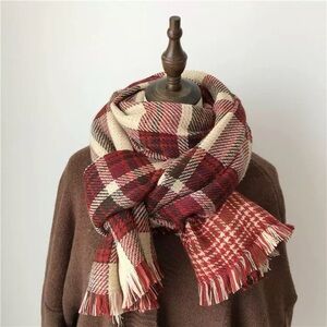 Red and Beige Plaid Double-Sided Scarf with a Cashmere Feel